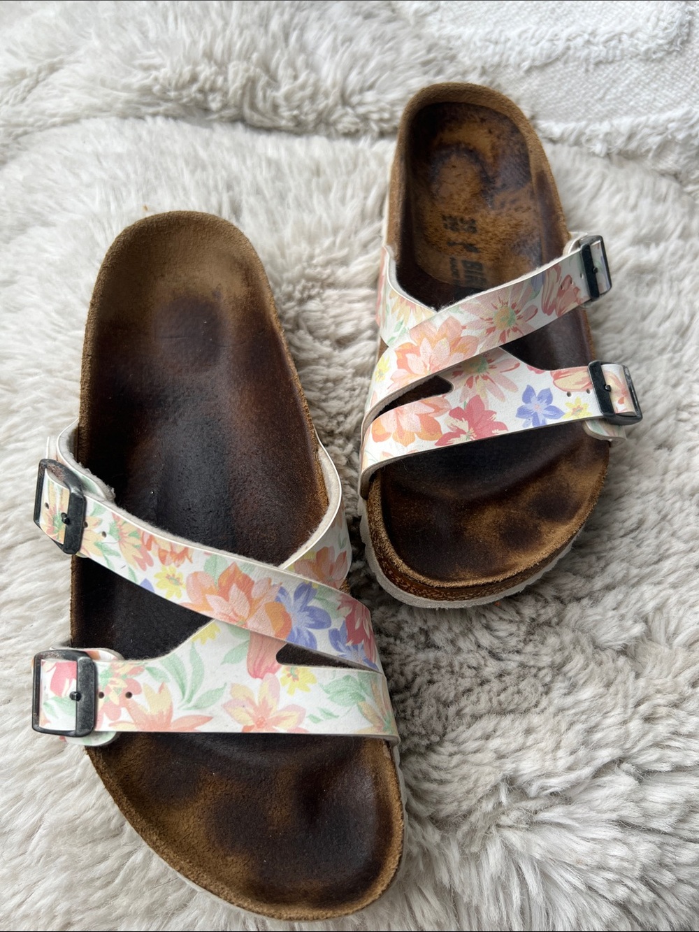 Birkenstock Floral Double-Strap Sandals in Pastel Pink, Peach & Lavender